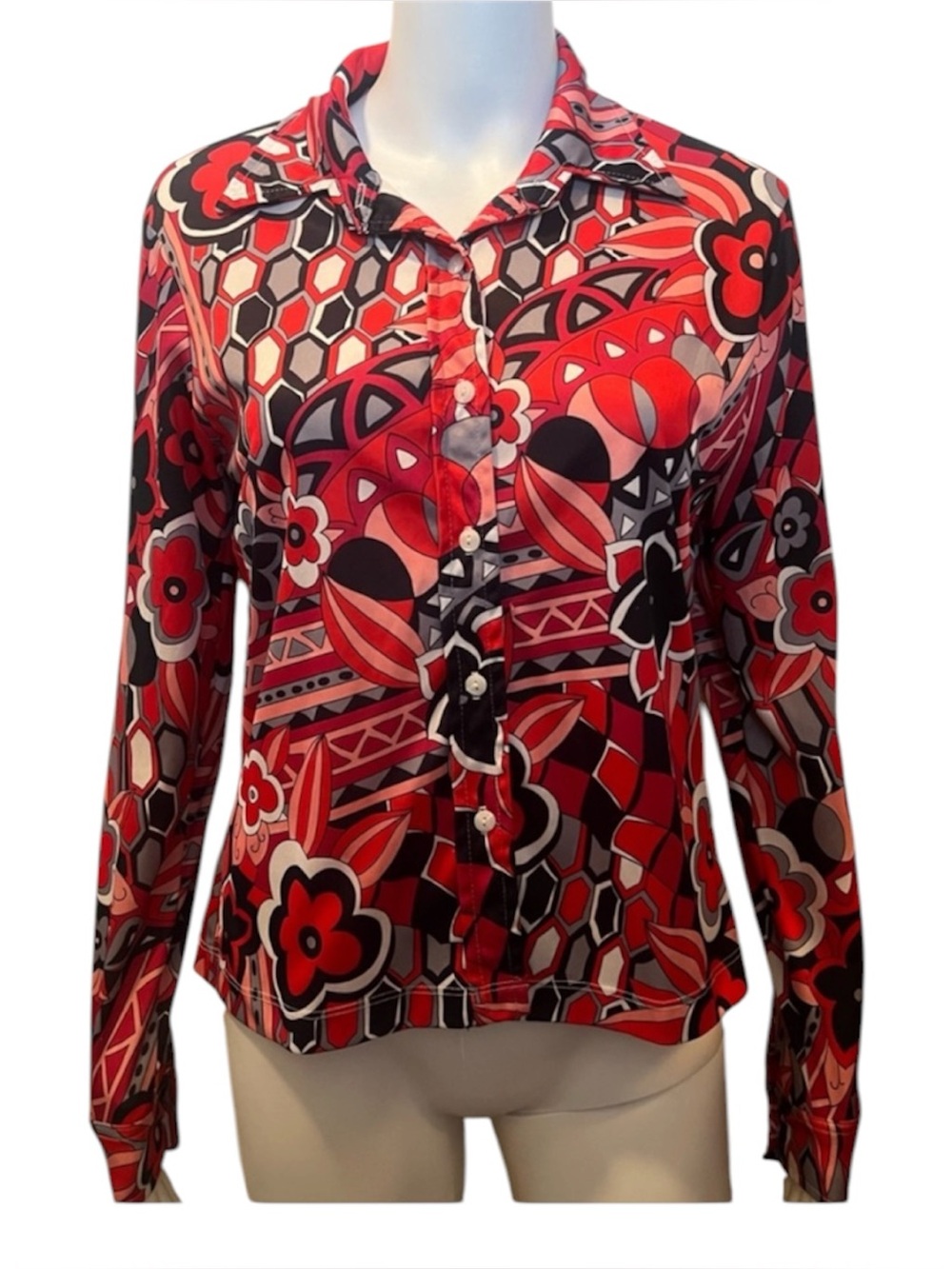 Vibrant Red and Black vintage Floral Geometric Button Down Shirt Retro